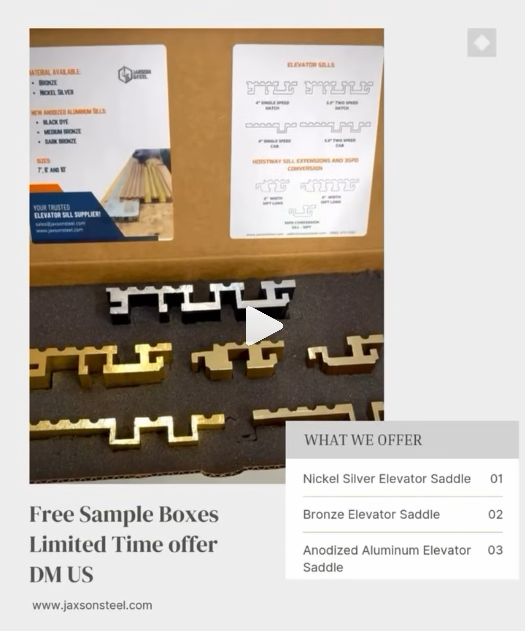 Product display with metal saddles and promotional text on a wooden board.